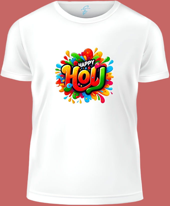 Happy Holi Festival Graphic T-Shirt, White Cotton, Colourful Print Design